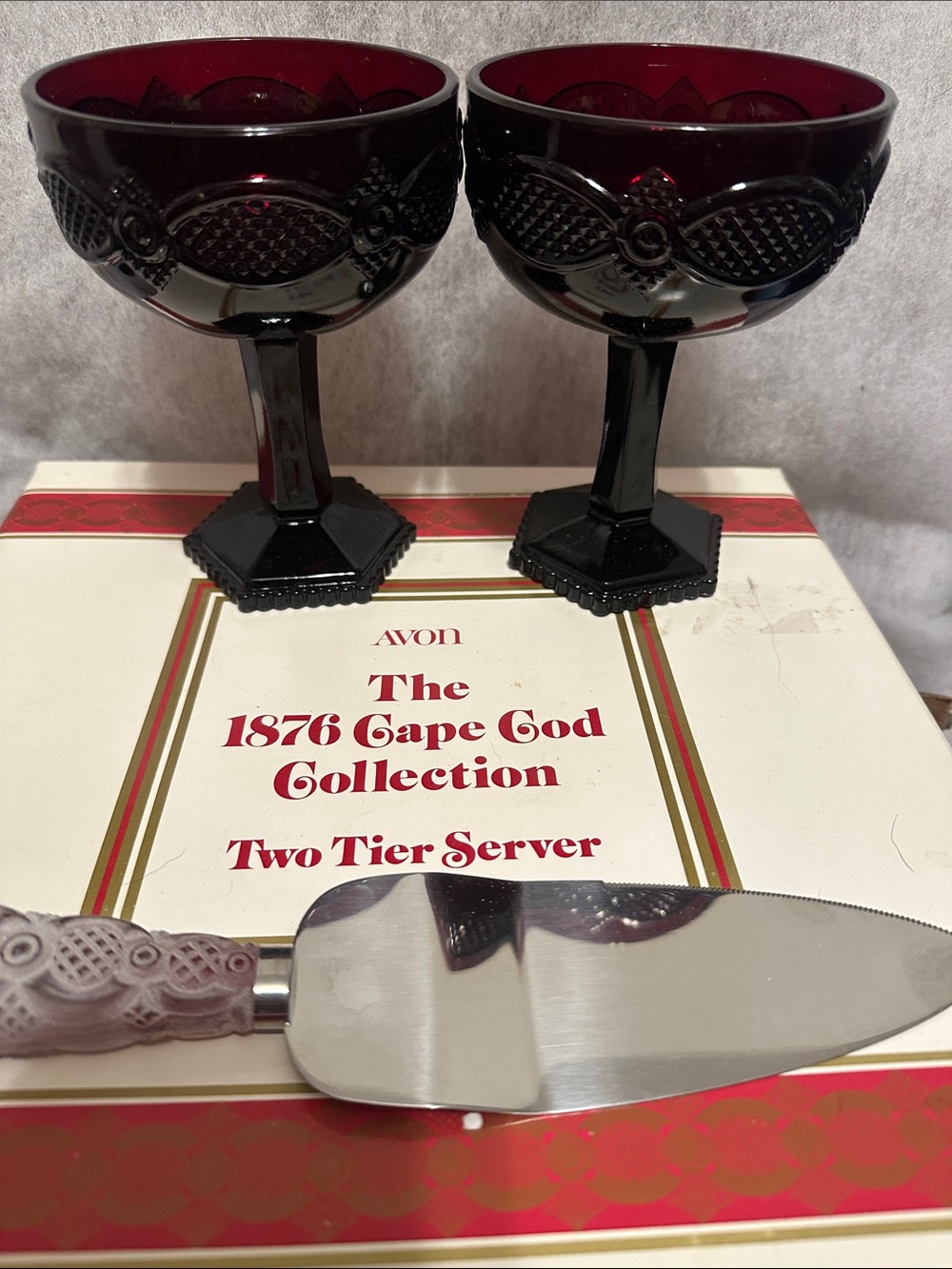 Avon Deep Ruby Red Goblet Pair-Dessert Server & 2 Tier Server